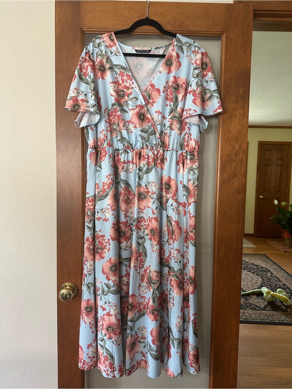 Light Blue Floral Wrap Midi Dress with Pink Blooms